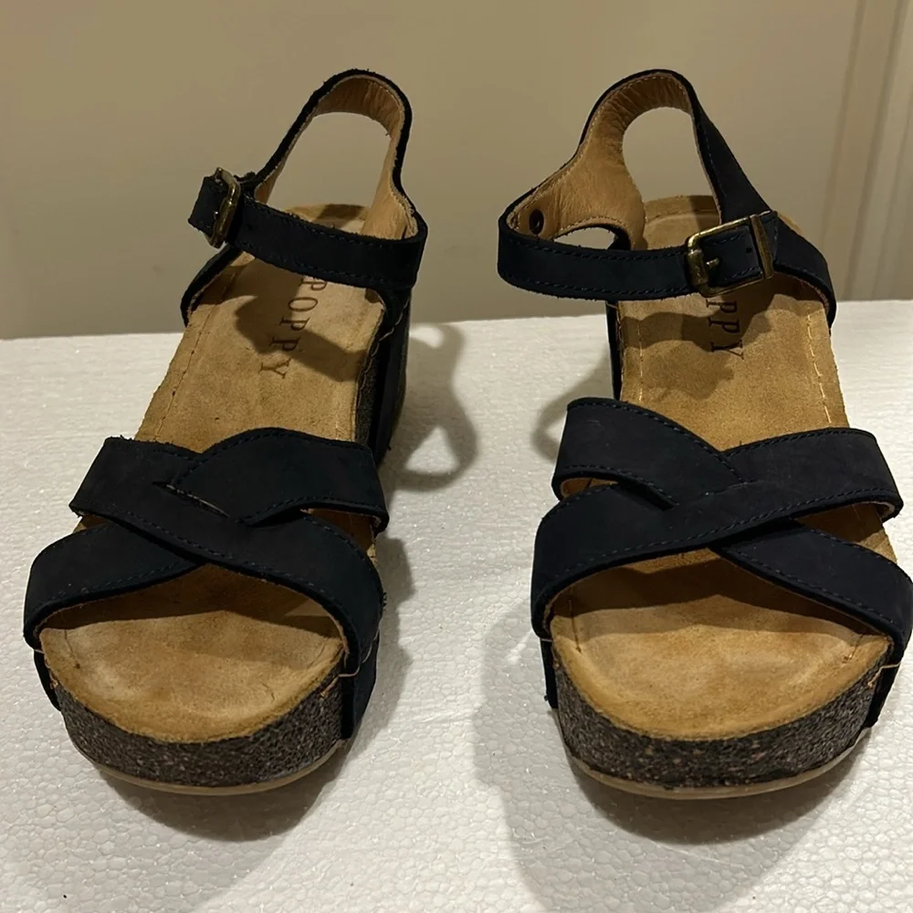 Like New! Poppy cork Wedge suede strap sandals cushion insoles size 37 dark blue